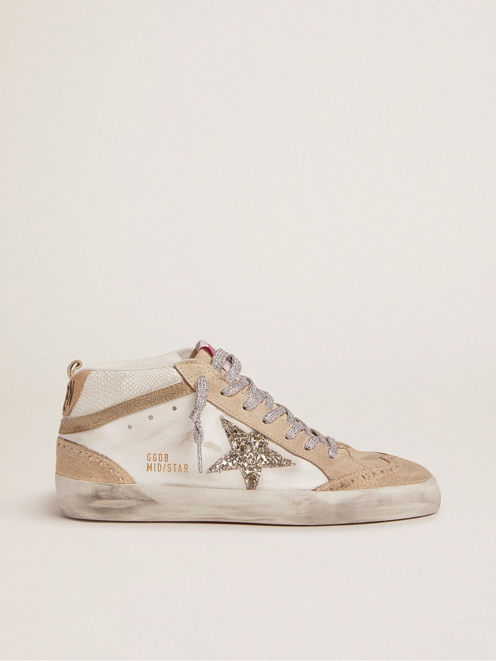Golden Goose Women’s Mid Star High-Top Sneaker in Beige with Glitter Star